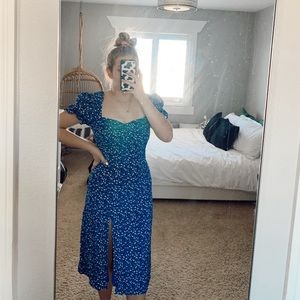 Blue Floral Sweetheart Midi Dress